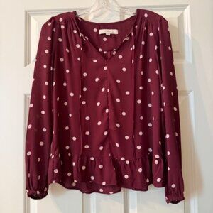 LOFT Burgundy/Maroon Polka Dot Tie Neck Blouse Top Size XS
